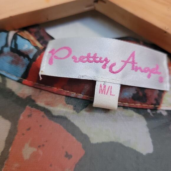 Pretty Angel Women's Sheer Top Size M/L Multicolor Silk Short Sleeves Collared - Picture 4 of 9